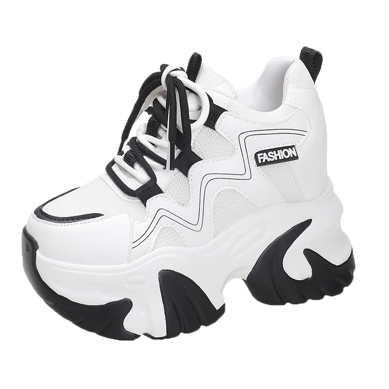 

Spring Autumn Women Chunky Sneakers 11CM Hidden Heels Leather Casual Shoes Woman Crystal High Platform Ladies Sports Dad Shoes