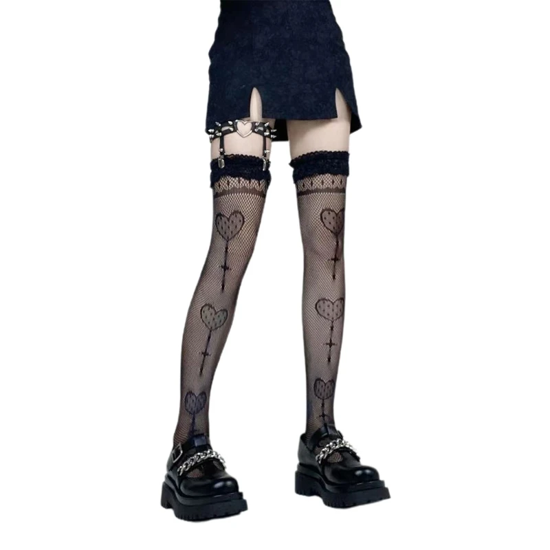 

2023 New Women Sexy Fishnet Thigh High Stockings Punk Heart Lollipop Jacquard Over Knee Long Socks Lace Tights