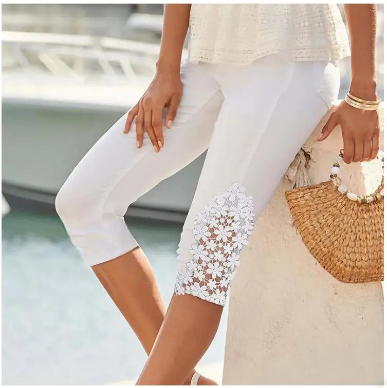 Summer Cotton Capris Hot Pants Fashion Hollow Out Capris Skinny Elastic Waist Mid Trousers Points Calf-Length Short Pants