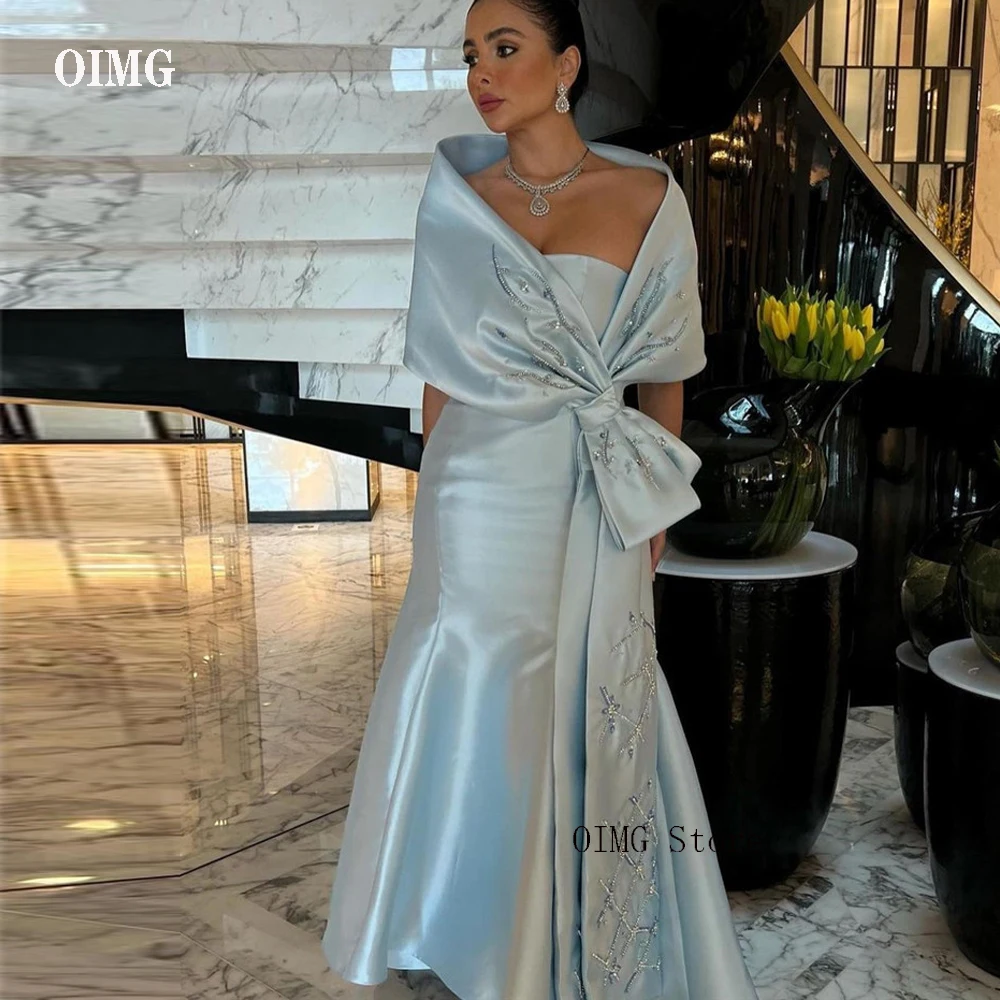 

OIMG Light Blue Satin Mermaid Formal Evening Dresses WIth Jacket Sleeves Embriodery Beads Strapless Arabic Women Party Prom Gown