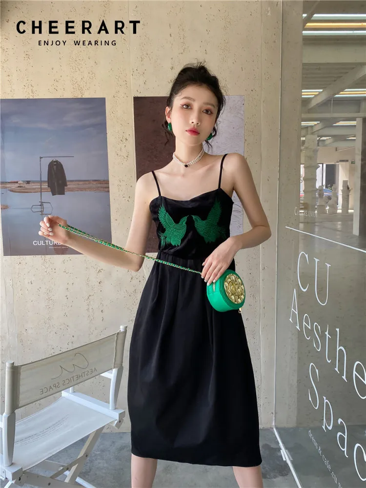 

CHEERART Vintage Bird Embroidered Sundress Black Slip Dress For Women 2022 A Line Backless Knee Length Spaghetti Strap Dress