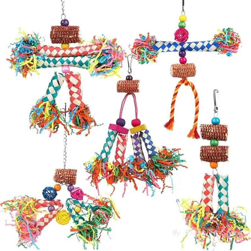 

5 Pcs Bird Toy Set Tearing Chew Toys for Teeth Raffia Paper Cage Hanging String Toy Pet Grinding Teeth Toy Hanging Ratten