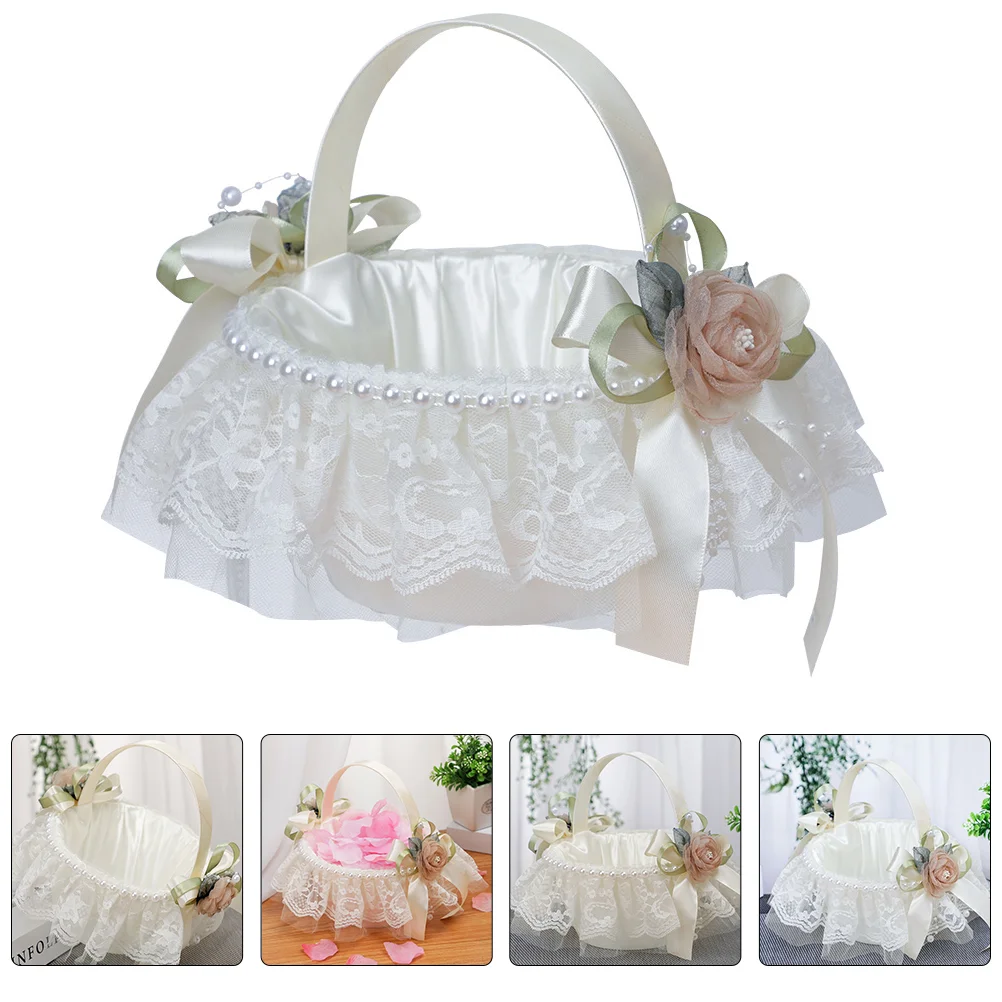 

Wedding Decor Satin Ribbon Flower Baskets Macrame Storage Gift Décor Lace Petal