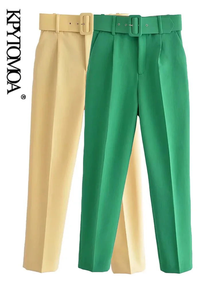 

KPYTOMOA Women Fashion With Belt Front Pockets Green Pants Vintage High Waist Zipper Fly Female Trousers Mujer