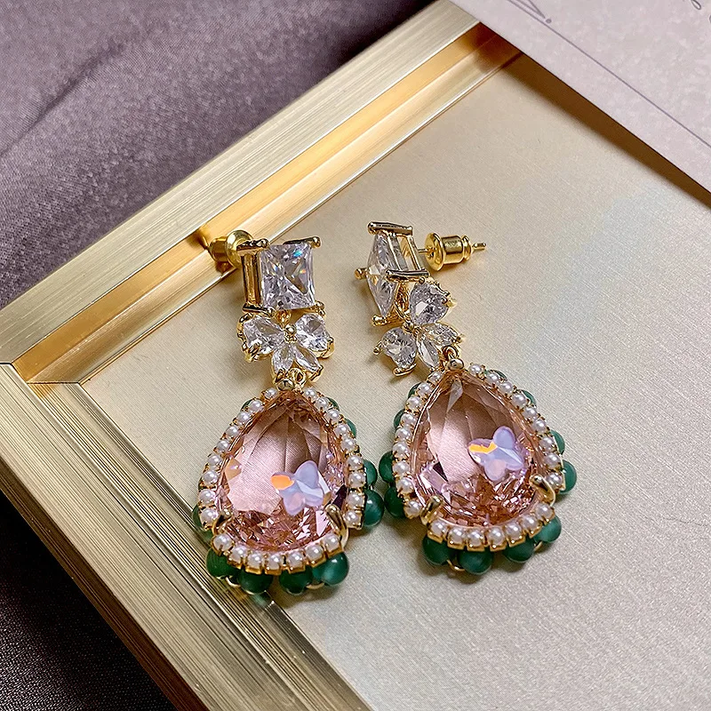 

Vintage drop pink earrings elegant temperament high-grade sense