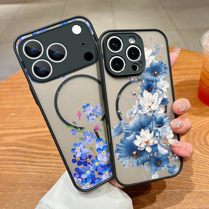Фото Синий магнитный чехол с цветочным узором для iPhone 17, 17e, 16e, 16, 15 Pro, 14, 13 Pro Max, совместимый с MagSafe, полупрозрачный матовый жесткий чехол из поликарбоната №1