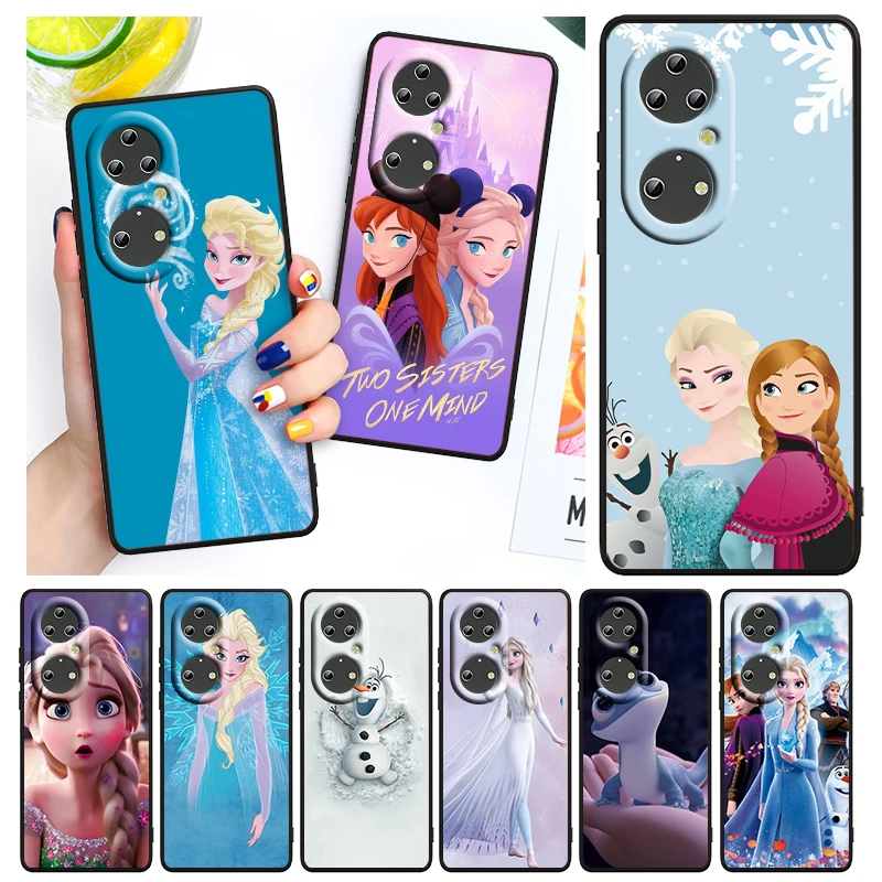 

Gril Frozen Elsa Anna For Huawei P50 P40 P30 P20 Lite 5G Pro Nova 5T Y9S Y9 Prime Y6 2019 Black Soft Cover Phone Case
