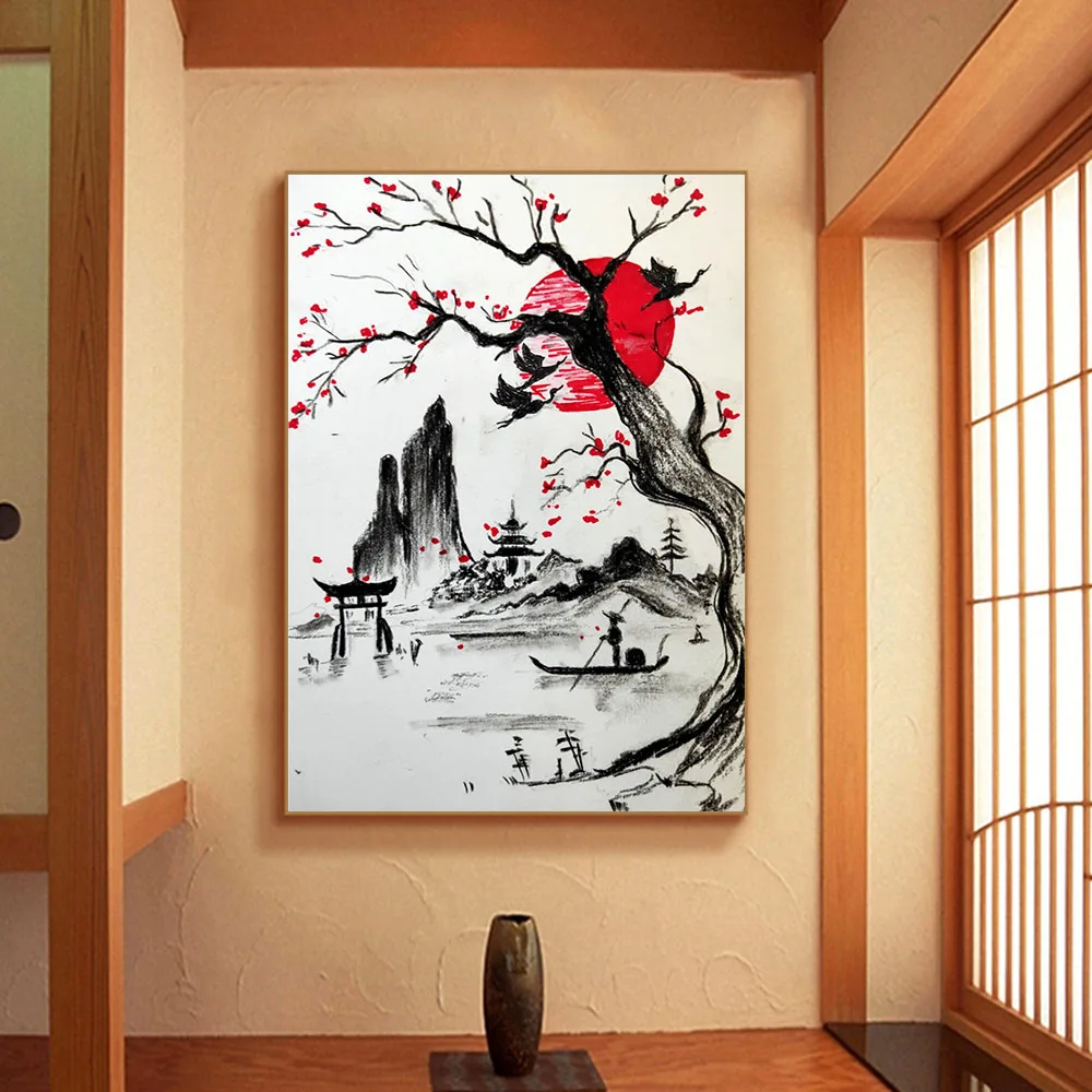 Japanese style landscape canvas painting watercolor wall art poster living room corridor home decoration mural |
