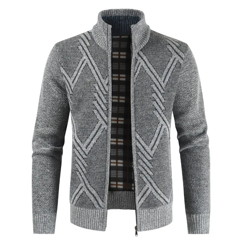 Autumn Winter Knitted Sweater Coat Men Geometry Pattern Loose Cardigan Coat Men's Casual Long Sleeve Zipped Stand Collar Sweater