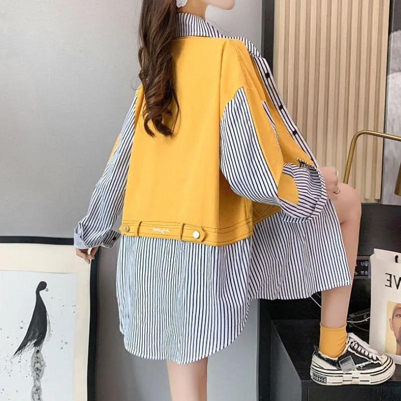 Полосатый пэчворк мода поддельные две части рубашка пальто весна осень с длинным