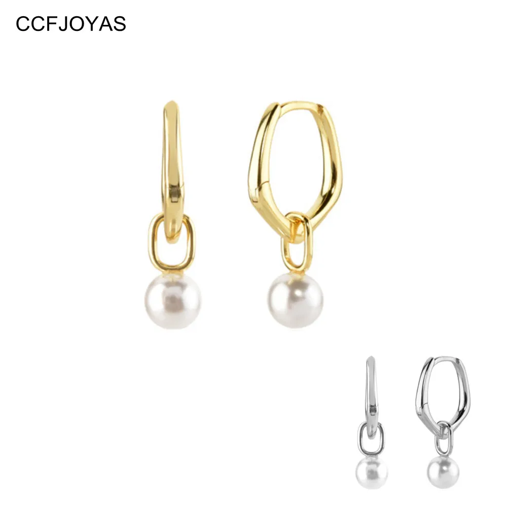 

CCFJOYAS 100% 925 Sterling Silver Punk Rock Vintage Geometric Earrings for Women Round Pearl Huggies Hoop Earrings Fine Jewelry
