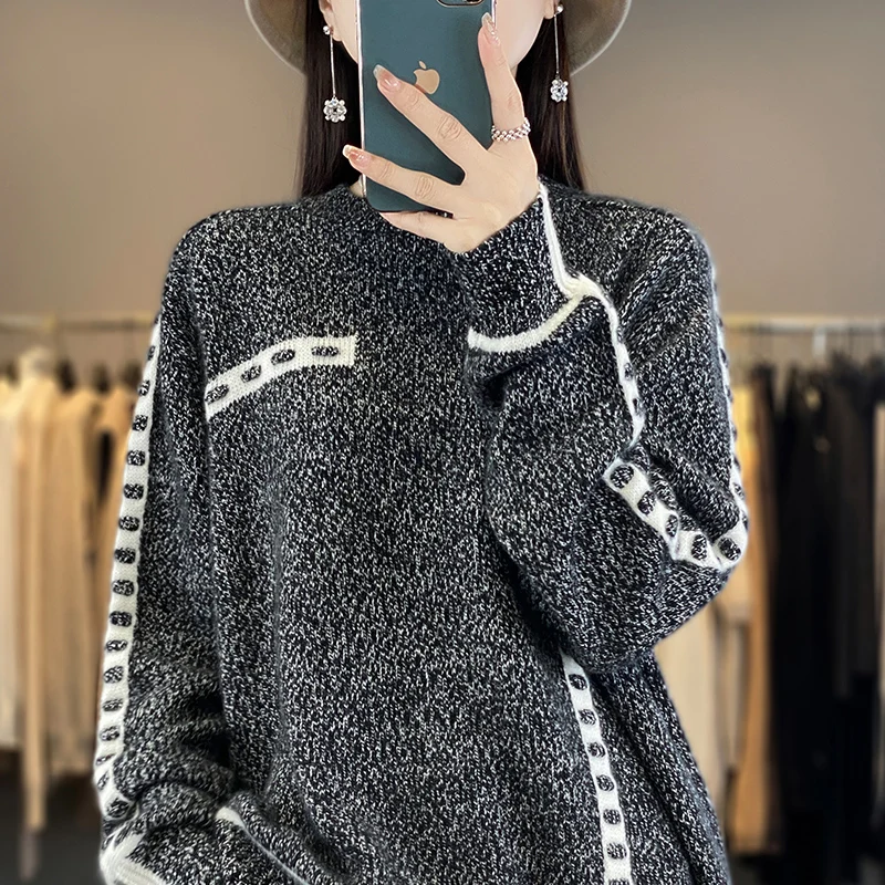 Новинка 2023 Женский вязаный пуловер из 100% чистой шерсти с длинным рукавом и