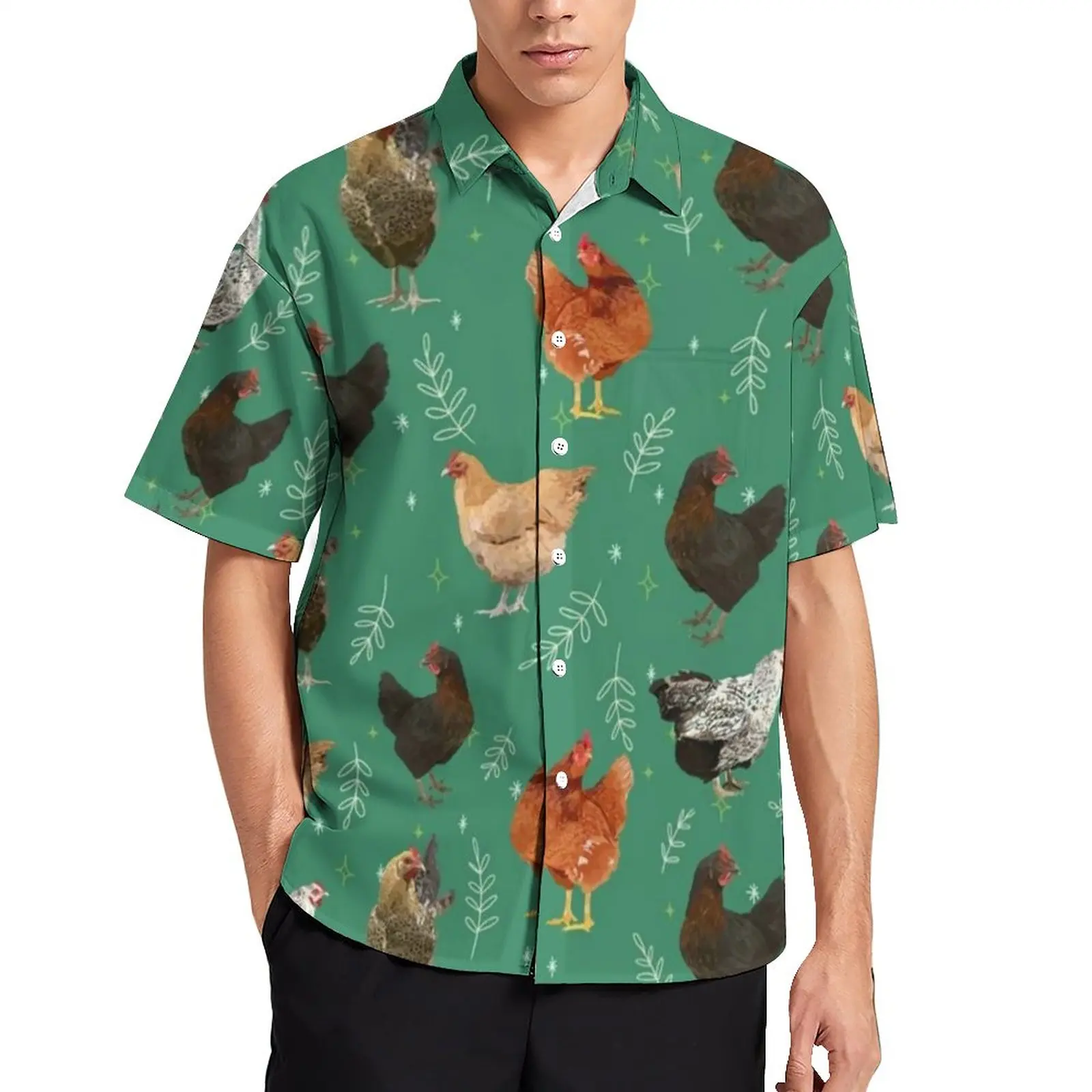 

Leaf Chicken Print Casual Shirts Cute Animal Beach Shirt Hawaiian Funny Blouses Mens Graphic Plus Size