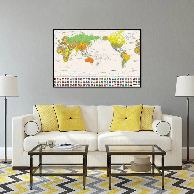 

84*59cm The World Map with National Flags Art Poster and Picture Wall Non-woven Canvas Painting Unframed Prints Home Decoration