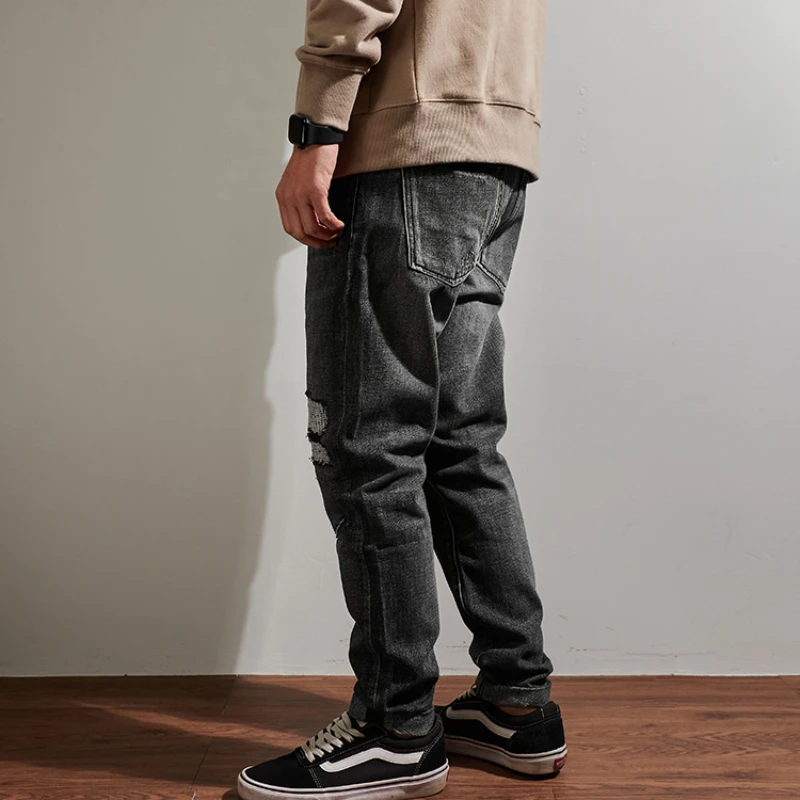 Patch cloth small straight leg jeans for men washed and aged black and grey jeans