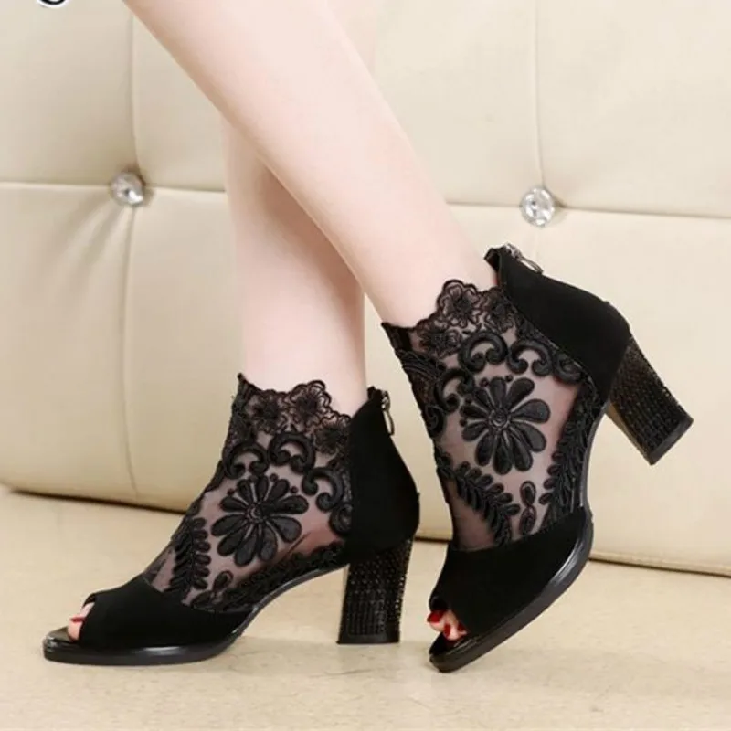

2022 Summer Mesh Peep Toe Sandals Sexy Heels Single Shoes Women Shoes In Europe And America Spring And Summer Gauze Mujer