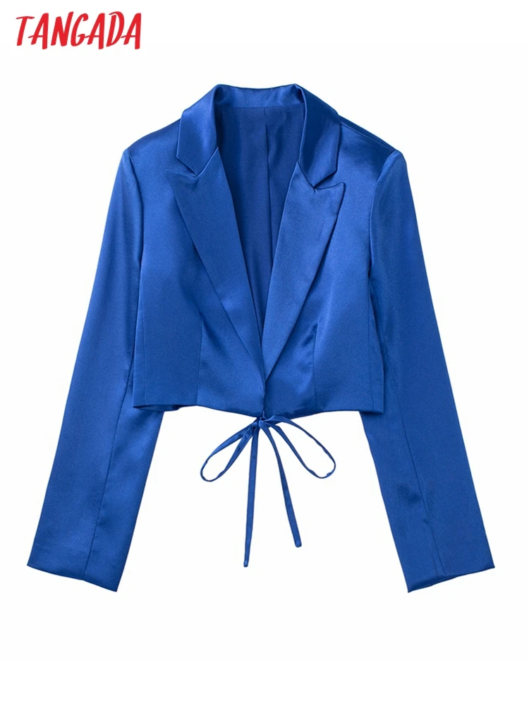 

Tangada Women Satin Crop Blazer Coat Vintage 2022 Fashion Female Casual Chic Tops JE312