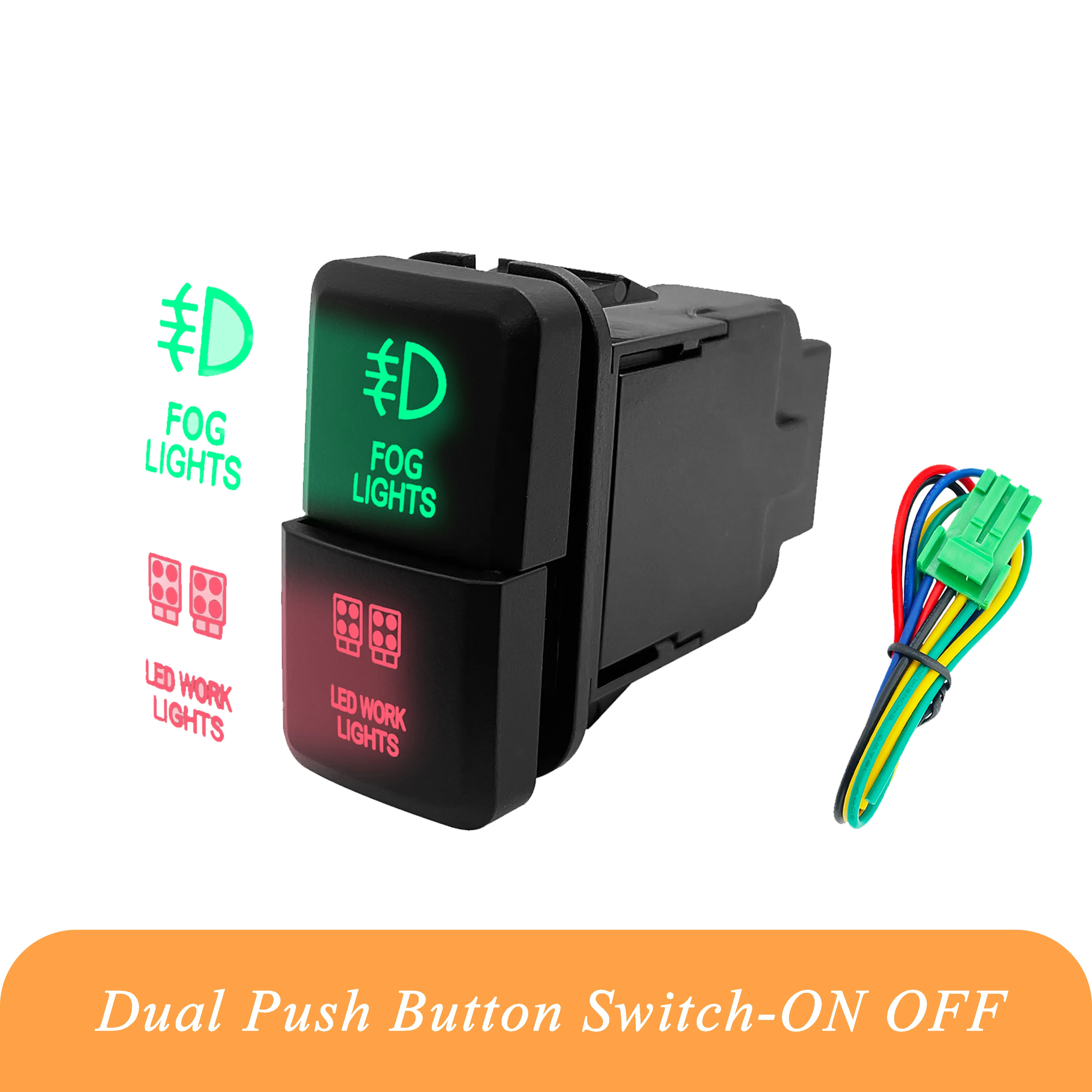 

12V Dual Led Push Button Switches Green / Red ON OFF for Car Toyota Prado Hilux Landcruiser FOG ROOF LED LIGHT BAR WORK LIGHTS