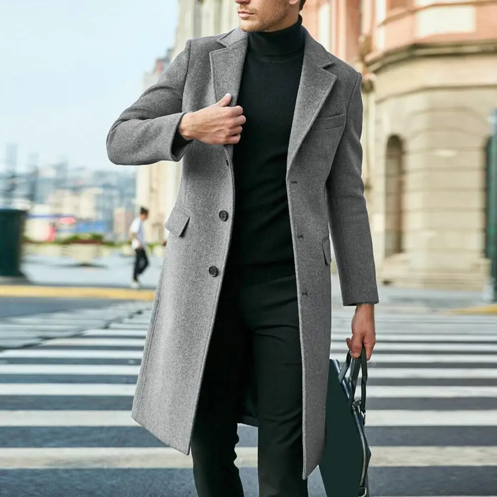 

Men Formal Coat British Style Long Coat for Men Thick Knee Length Windbreaker with Turn-down Collar Single-breasted Design