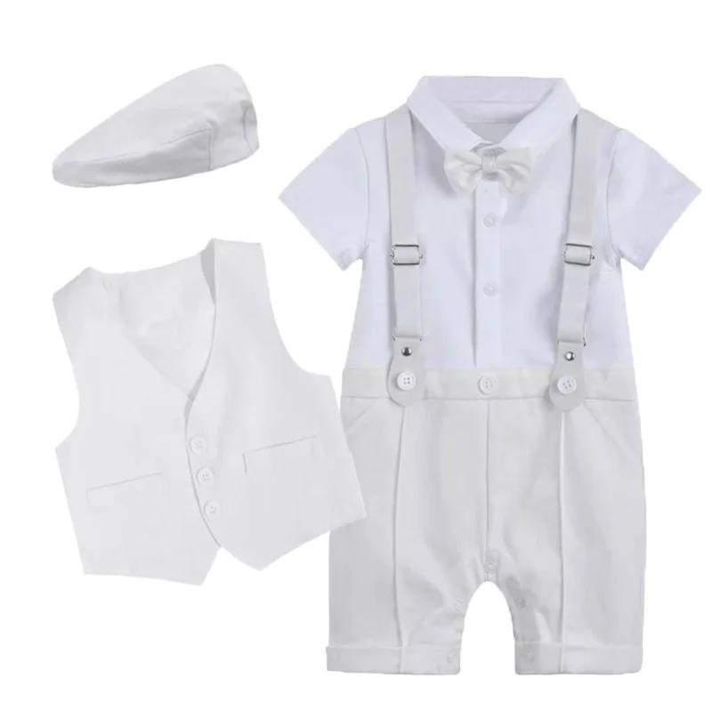 

Set Cotton Summer Romper Baby Gentleman Newborn Boys Christening Outfit With Hat Vest Short Sleeve Infant Jumpsuit Suits White