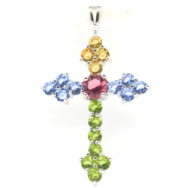 

40x24mm Multi Color Cross 3.2g Pink Tourmaline Green Peridot Citrine Violet Tanzanite White Sapphire Daily Wear Silver Pendant