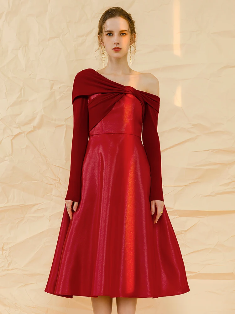 YIGELILA Autumn Fashion Women Red Dress Diagonal Collar Knitted Sleeves Elegant Dress Dinner Party Dress A-line Mid-calf 67566