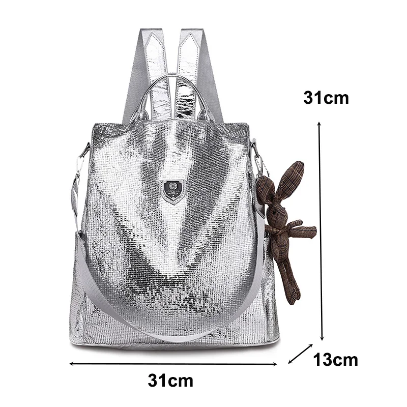 2022 New Casual Women Backpacks PU Leather Anti-Theft Black Backpack Girls School Shoulder Bag with Bear Black/Silver