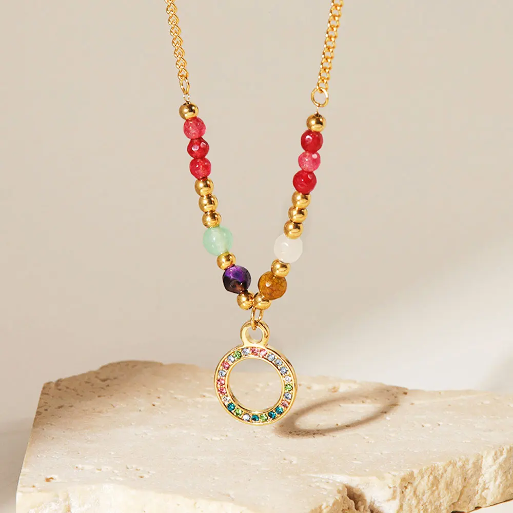 

Ins New 18k Real Gold Plated Stainless Steel Necklaces Round Hollow Micro Inlaid Colorful Stone Women Necklaces Jewelry Pendant