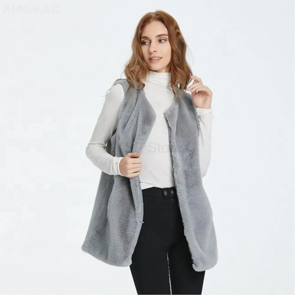 Women Winter Real Fur Cardigan Vest Sleeveless Long Pure Color Single Breasted Coat Leisure Fashion Soft Fur Coat Women