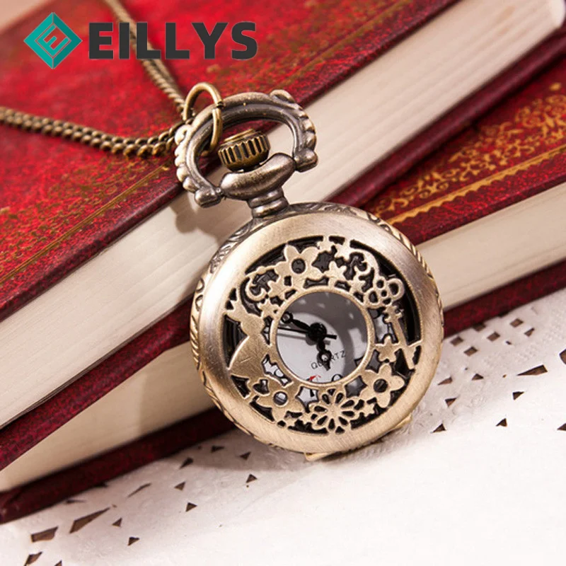 Vintage Quartz Pocket Watch Men hollow out fob watch Fashion Retro Bronze Quartz Pocket Watches Pendant Chain Necklace