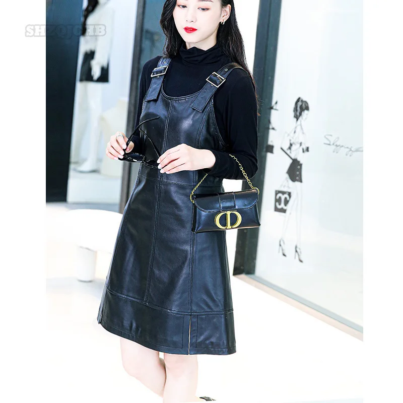 

Black Leather Skirt New Leather Dress Autumn And Winter Suspender Leather Skirt Medium Length Slim Sheepskin Lace Up Dress