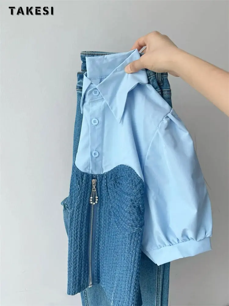 

Женская блузка с отложным воротником и пышными рукавами, Повседневная свободная голубая рубашка в стиле пэчворк на молнии, лето 2023