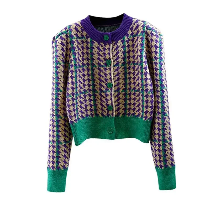 Женский свитер в клетку зимний короткий укороченный вязаный топ на пуговицах с