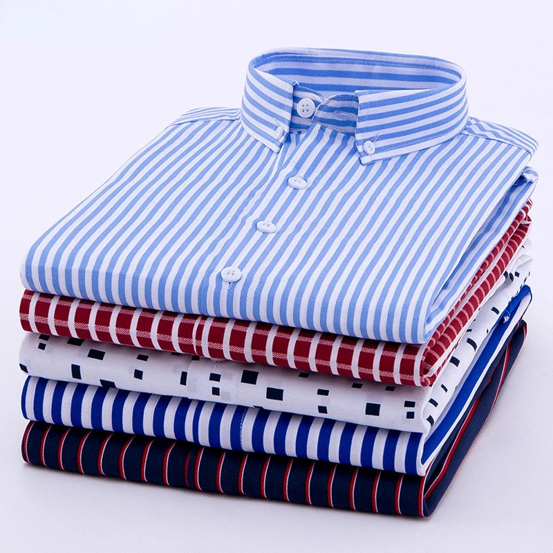 Spring and Autumn Fashion Long Sleeve Shirt Youth Men's Business Casual Loose Stripe Plaid Square Neck Shirt