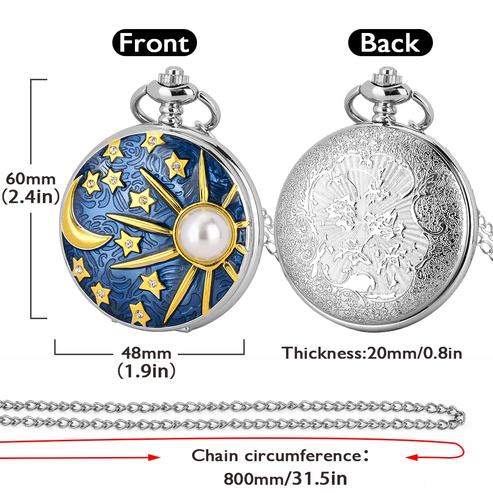 Big Pocket Watch Necklace Pendant Bule Epoxy Pearl Star Case Romantic Gift for Men Women Fob Watch with Chain Reloj De Bolsillo