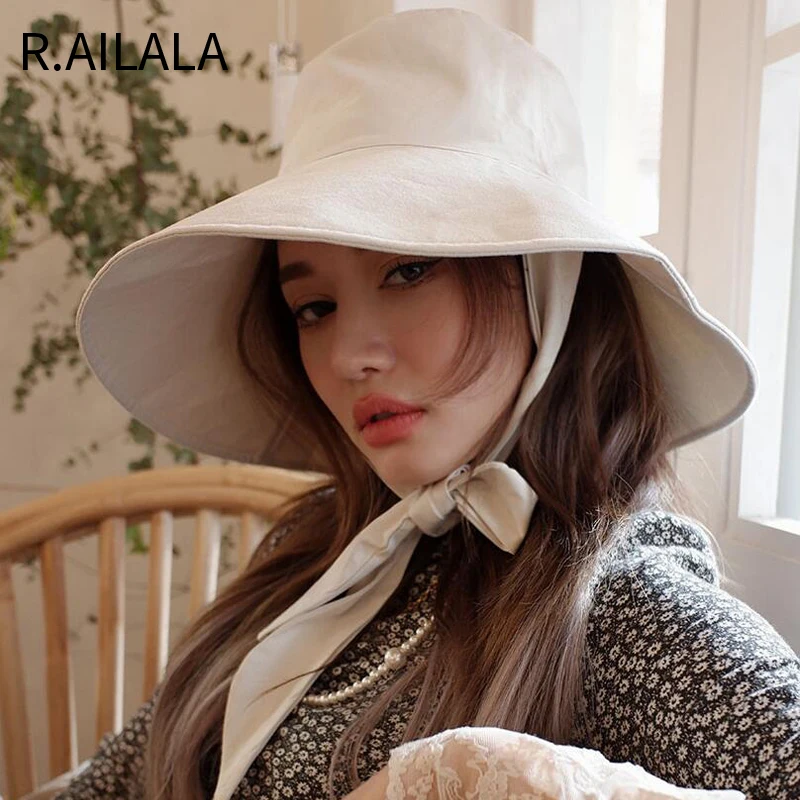 Панама с завязкой женская складная пляжная от солнца из хлопка и льна большими