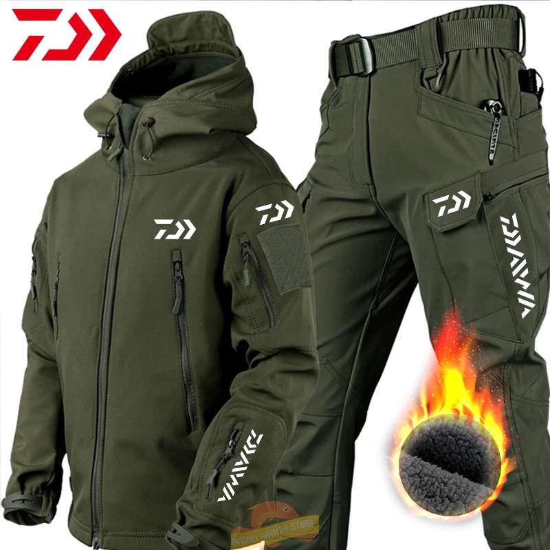 

Daiwa for Winter Waterproof Fishing Suit Men Softshell Hiking Camping Windproof Thermal Jacket Tactical Set Men Fishing Clothing