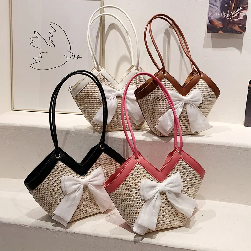 

Дизайнерская соломенная сумка-шоппер, пляжная сумка через плечо в стиле бохо для женщин, модная кружевная сумка с бантом, кошелек, Вместительная дорожная сумка-тоут, 2022