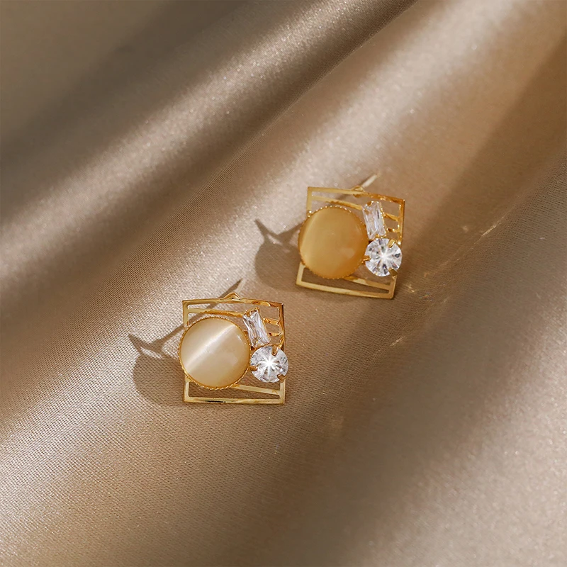 

Korean Style Sparkling Zircon Opal Lovely Small Stud Earring For Women Heart Square Geometric Ear Stud Elegant Cute Jewelry