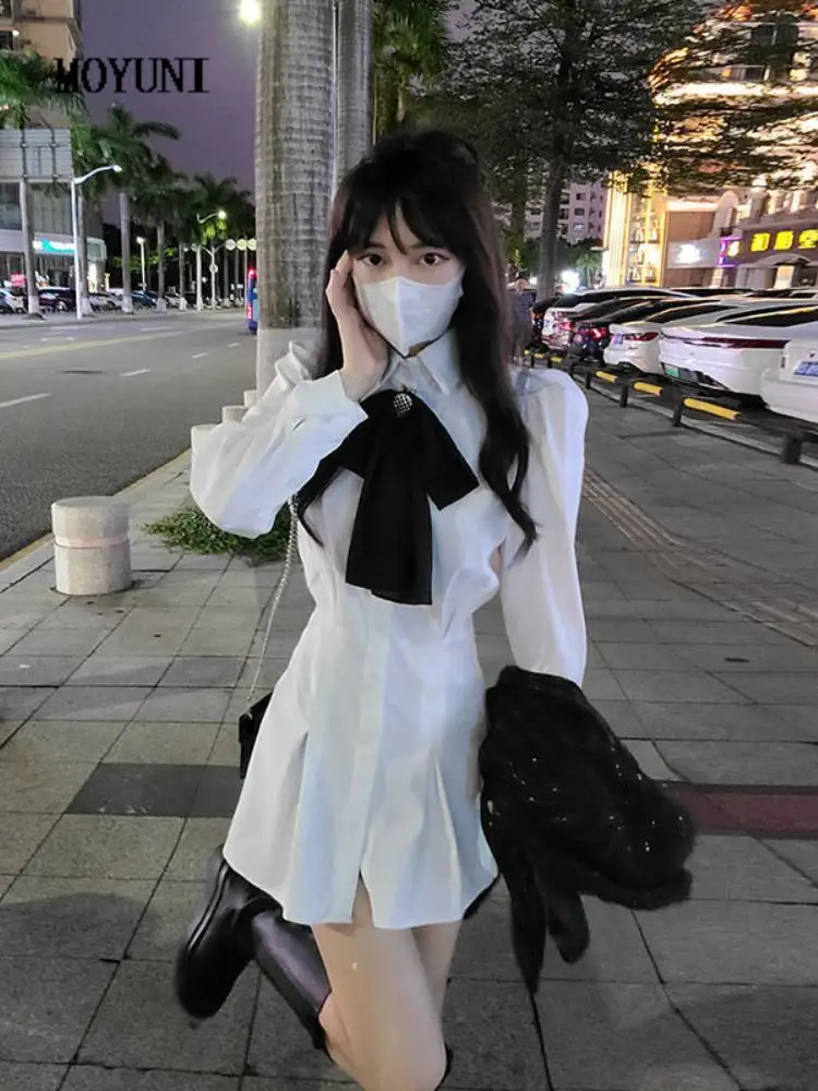 

Платье-рубашка женское белое Плиссированное с бантом и длинным рукавом