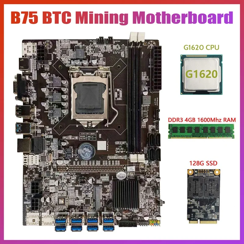 

Материнская плата B75 USB BTC для майнинга + процессор G1620 + DDR3 4 Гб 1600 МГц ОЗУ + 128G MSATA SSD LGA1155 8xpcie к USB B75 BTC материнская плата