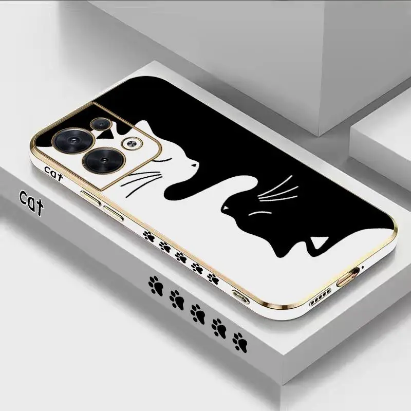 

Black And White Cat Luxury Plating Phone Case For Oppo Reno 8T 8Z 8 6 7Z 6Z 7 Pro 6 Pro 9 Pro 8 Pro 5K 5 Pro 9 Pro Plus Cover