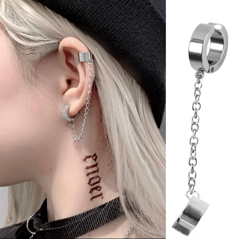 1Pc Titanium Steel Ear Cuff Clip Dangle Drop Chain Earrings for Men Women Punk Rock Goth Cool Hip Hop Kpop Earring Jewelry Teens