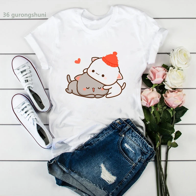 

2022 Summer Style t shirt femme cute peach cat and rabbit friend print women t-shirt fashion Harajuku camiseta mujer tshirt tops