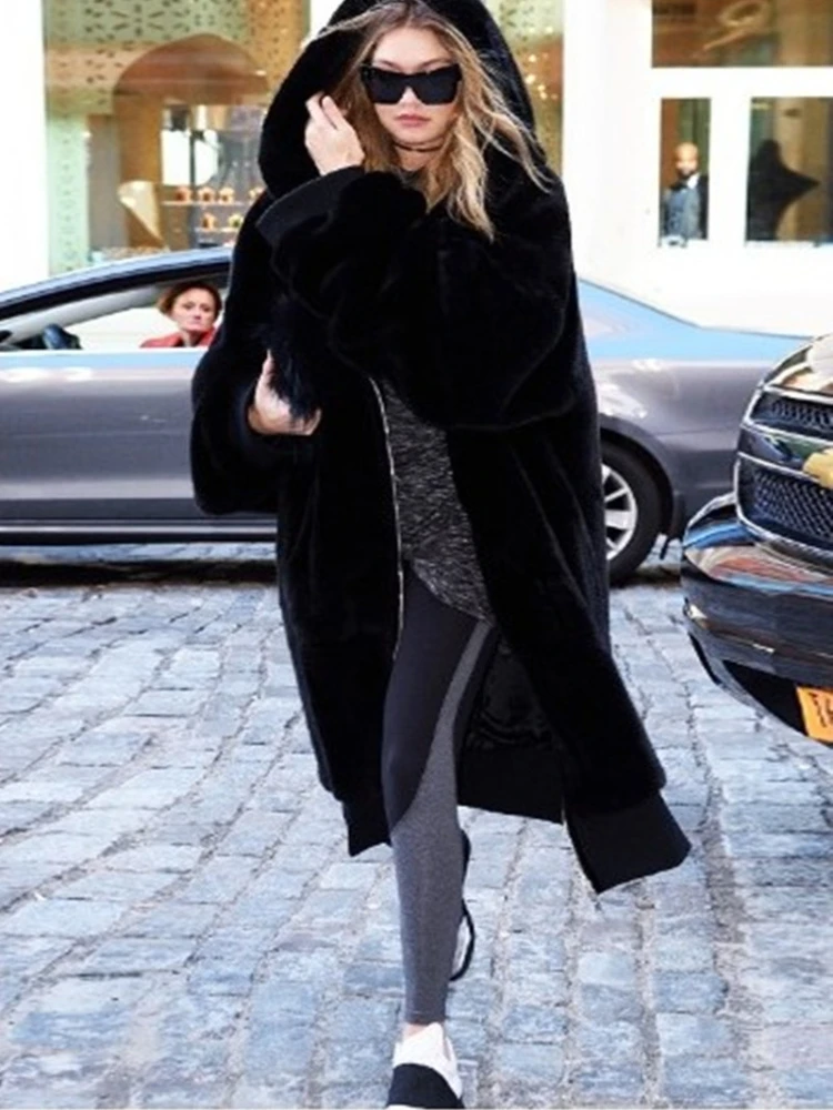 ICCLEK New Gigi star in winter the same imitation Rex rabbit hair thickened long hooded integrated wool coat fur coat