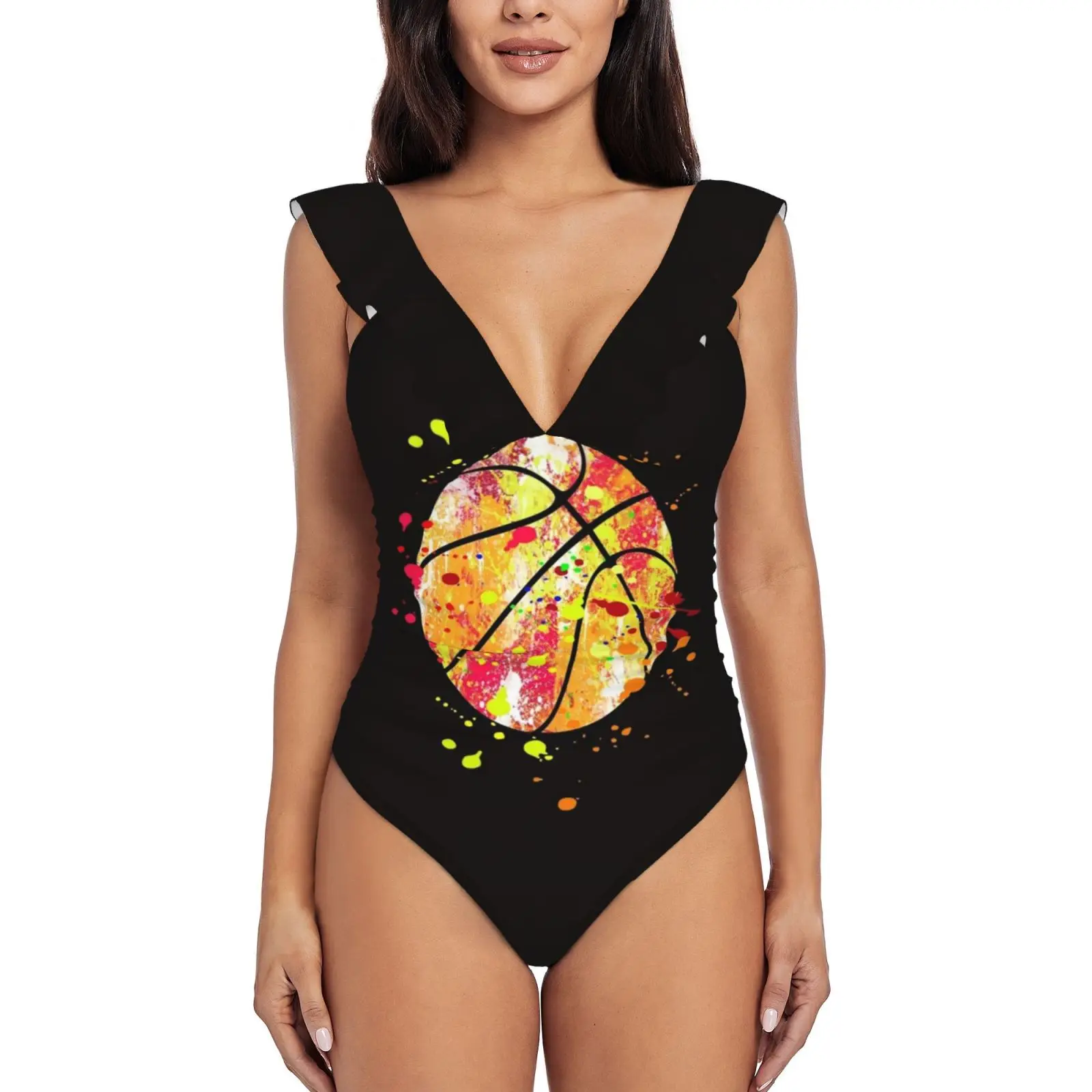 

Баскетбольный мяч акварельный сплошной художественный сексуальный цельный купальник Женские гофрированные купальники женский монокини с...