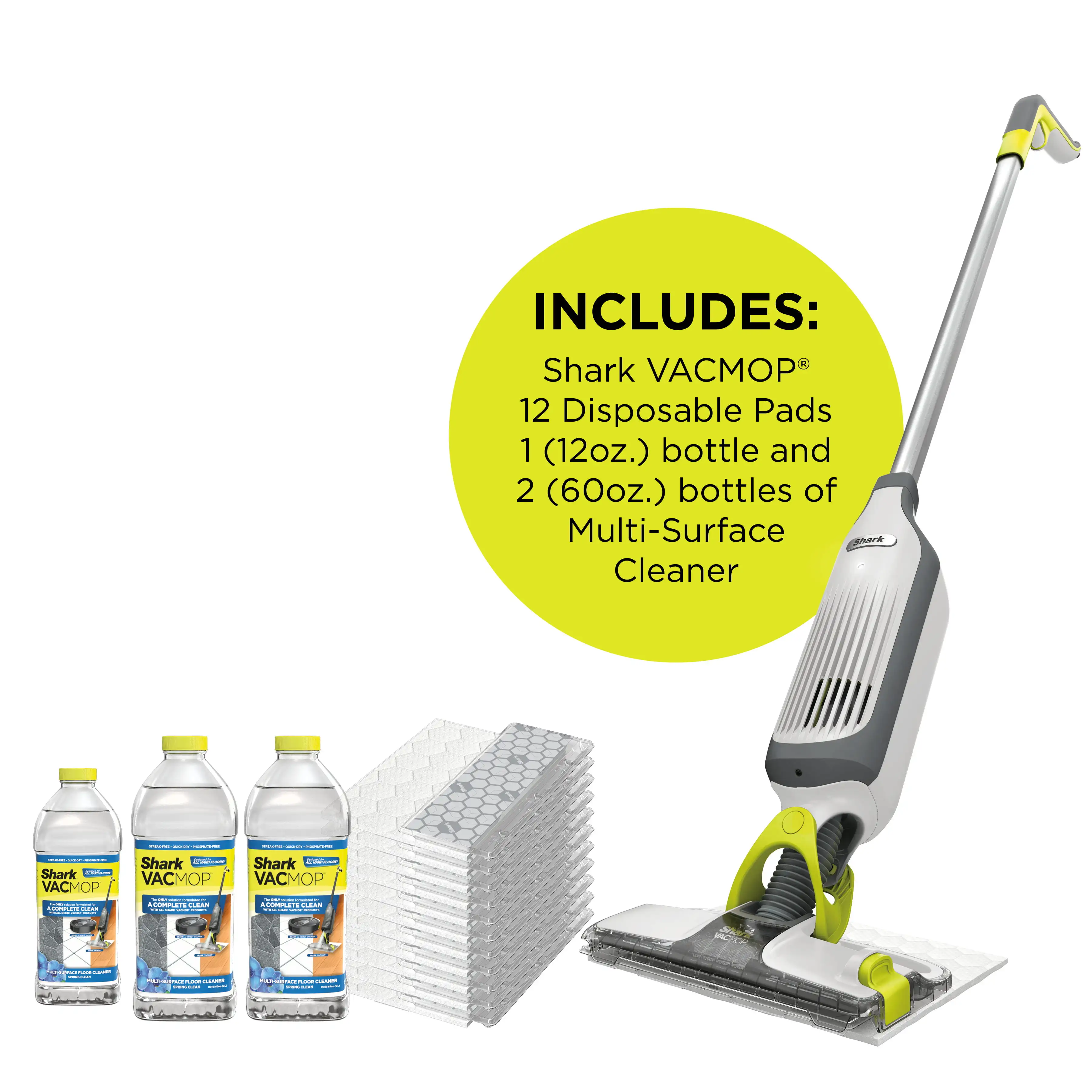 

VACMOP™ Cordless Hard Floor Vacuum Mop, 12 pack Disposable VACMOP™ Pad & 132 oz of Multi-surface cleaners ($20 value) Bundle