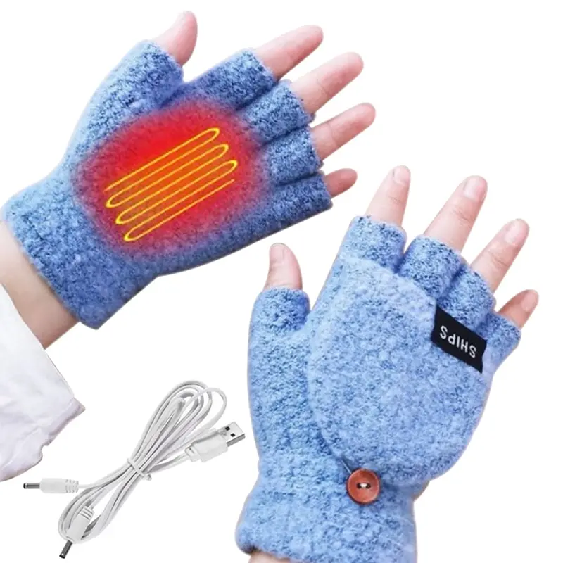 

USB Electric Heated Gloves 2-Side Heating Convertible Half Finger Glove Knitted Mittens Adjustable Heat Waterproof CyclingSkiing