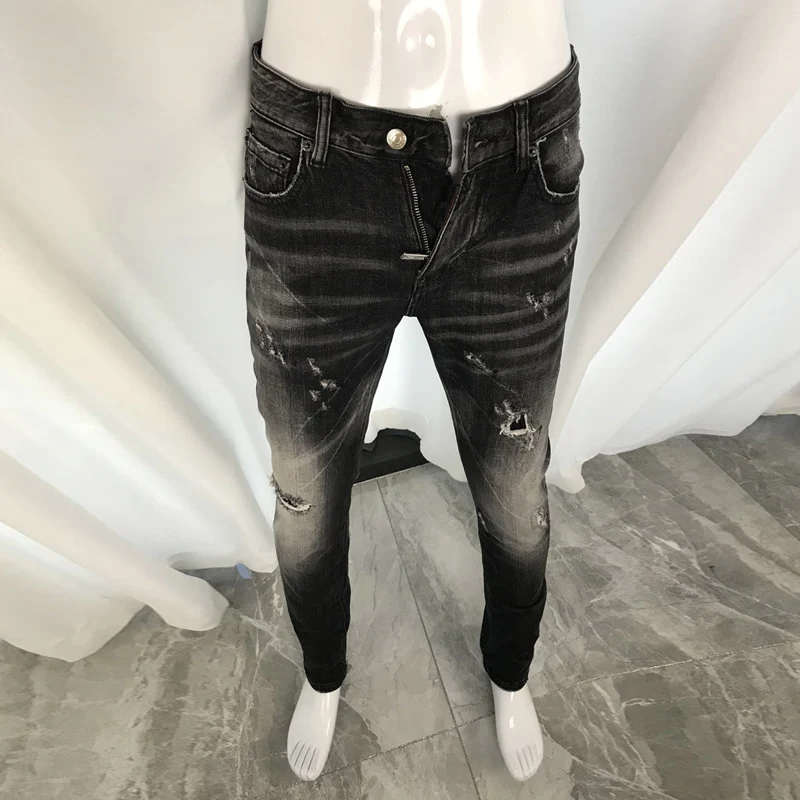

Street Fashion Men Jeans Retro Black Gray Elastic Slim Fit Hole Ripped Jeans Men Vintage Designer Hip Hop Brand Pants Hombre