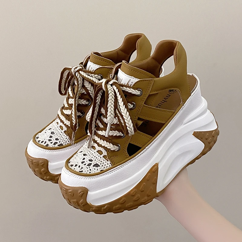 10CM Hollow Summer Sandals Wedge Heels Leather Sneakers Women High Platform Beach Flip Flops Casual Breathable Walking Slippers